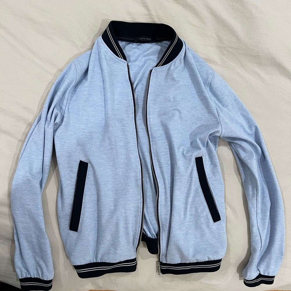Zara light blue/navy zip up sweatshirt. Size large but fits smaller.